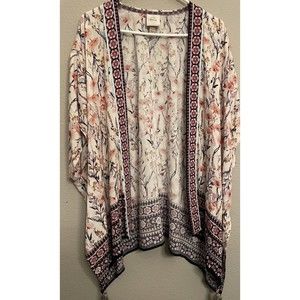 KNOX ROSE Women Top XS/S Pink Floral Kimono Cardigan Boho Open Front Tasseled
